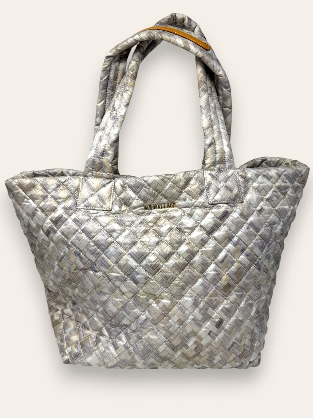 MZ Wallace Metro Quilted Travel Tote Bag Basket Weave Neutral Beige Tan
